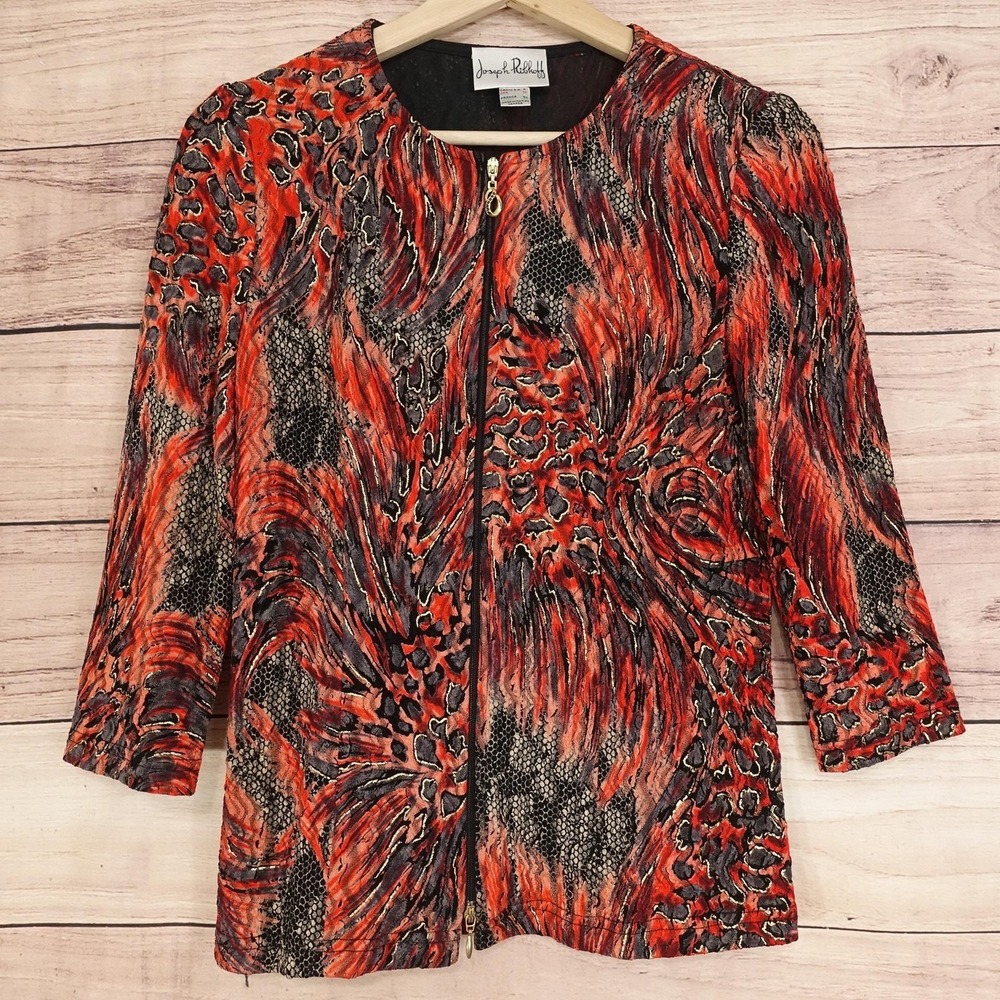 Joseph Ribkoff Blouse Womens 4 Red Round Neck 3/4 Sleeve Animal Print Tunic